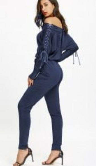 LACE UP OFF THE SHOULDER HIGH WAISTED JUMPSUIT - Picture 3 of 4